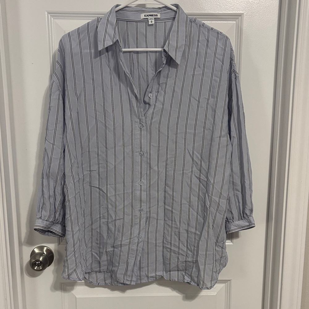 Express Women's Blue Striped Blouse with 3/4 length sleeve
